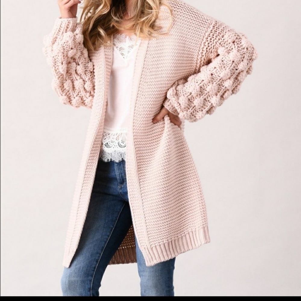 Simply Couture Bubble Knit Pom Pom Sleeve Cardigan